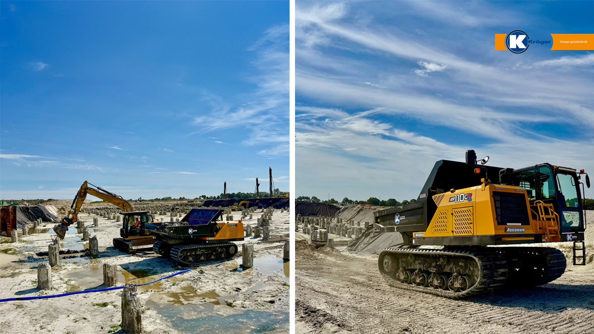 Kettendumper der Firma Kröger GmbH im Einsatz zwischen Bohpfählen.