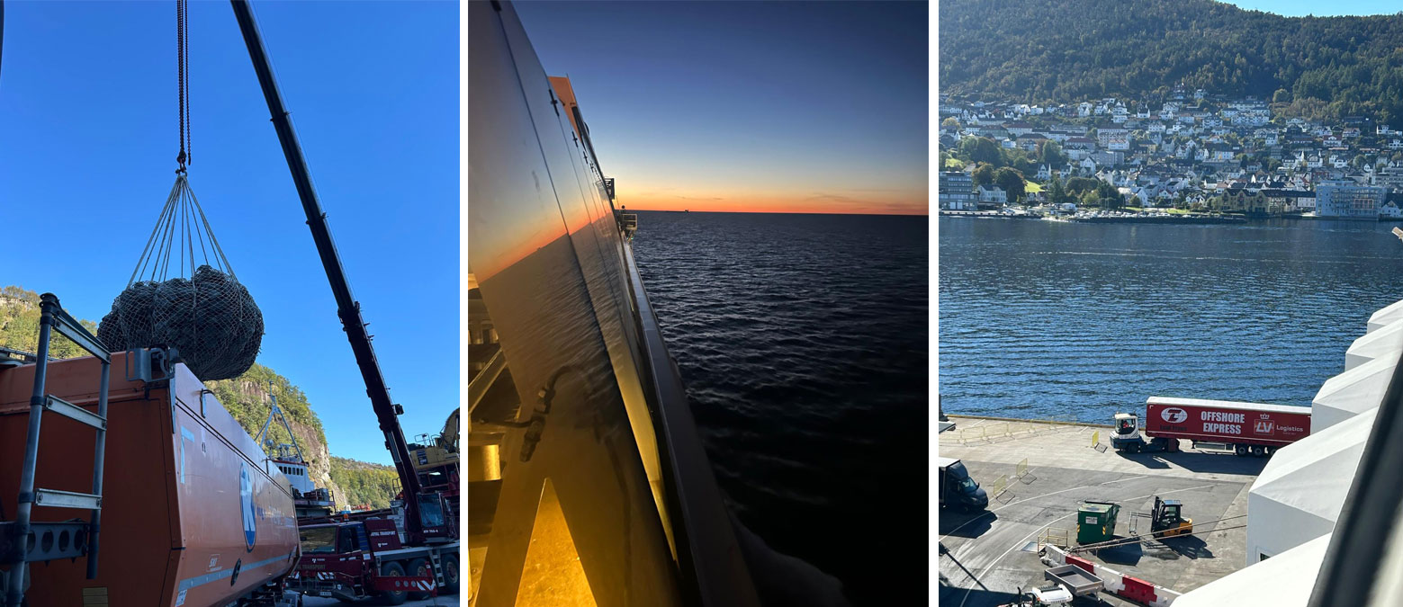 Material vom Emden nach Bergen über Land- und Seeweg tranportiert. Foto zeigt Beladung des Kröger LKW, Bergen und einen Sonnenuntergang in Bergen auf dem Schiff.